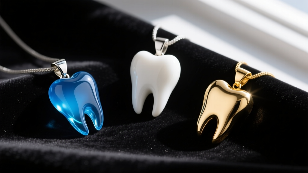 Flat lay of three mimic tooth pendants: blue resin, matte white ceramic, and polished 14k gold, displayed on black velvet fabric.
