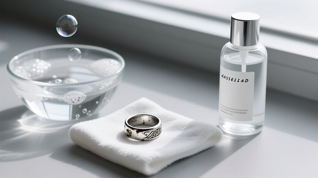 Overhead view of a tarnished silver ring on a microfiber cloth beside a glass bowl of soapy water and a commercial cleaner