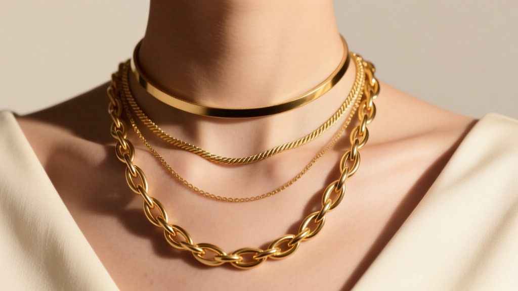 Three layered gold necklaces on a collarbone: a 14-inch choker, 16-inch cable chain, and 18-inch rope chain in warm light.