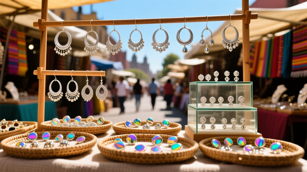 Vibrant Mexico City street market jewelry stall displaying an array of silver hoops and stud earrings under warm natural sunlight