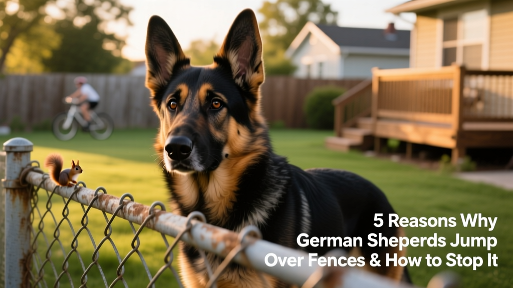 German Shepherd alert and focused, staring intently beyond a chain-link fence at something off-camera
