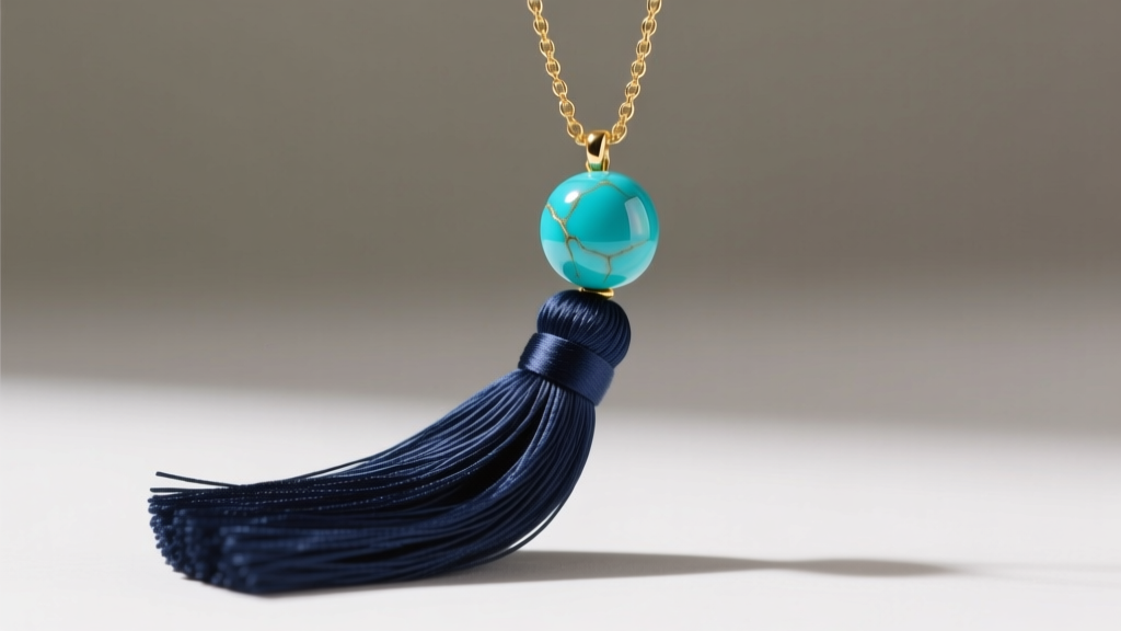 Vibrant natural turquoise bead on a navy silk tassel, attached to a delicate 14k gold chain under soft studio lighting