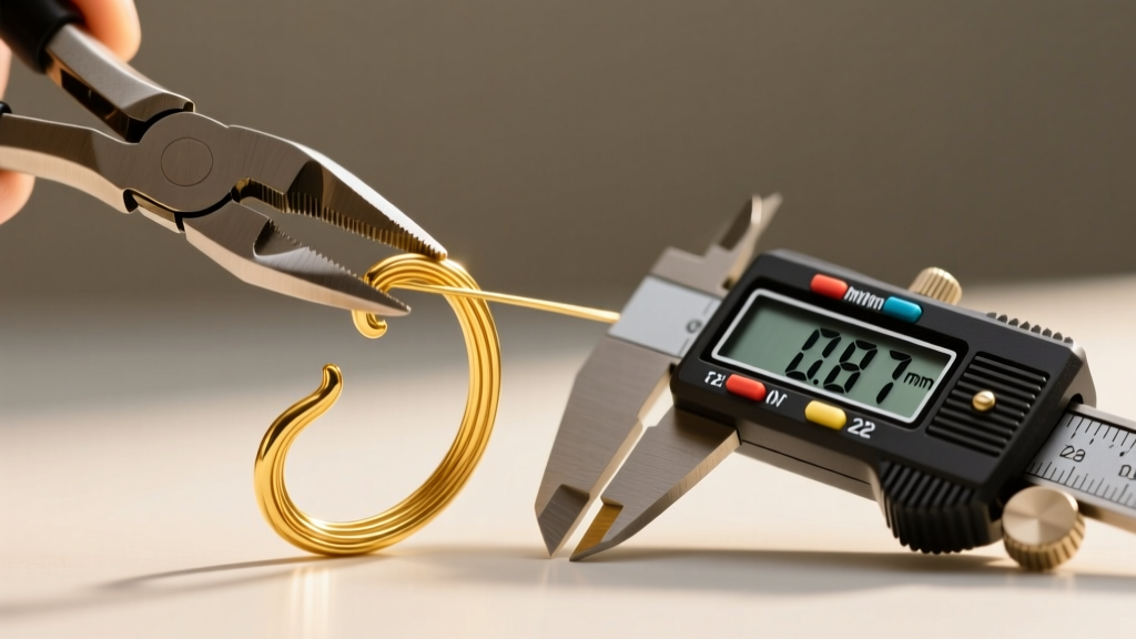 Bent 22k gold hook straightened with nylon pliers, beside a digital caliper measuring the exact wire thickness in millimeters.