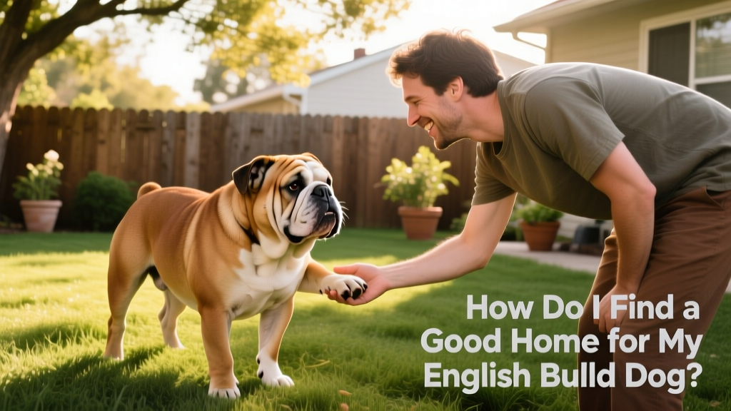 Two people gently meeting an English Bulldog in a sunny backyard during a relaxed introduction