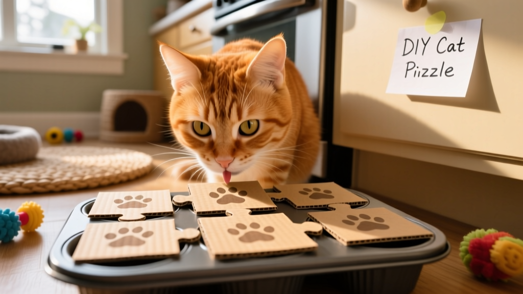 Close-up of a curious cat sniffing a muffin tin covered with cardboard squares