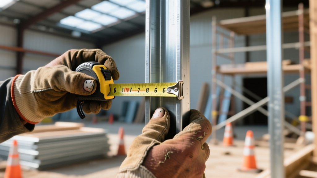 Close-up of a construction worker measuring a 6-inch 16-gauge galvanized steel wall stud with a tape measure on a commercial job site