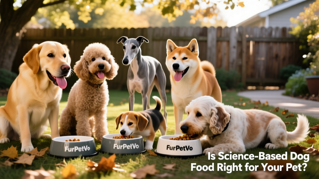 Happy, healthy dogs of different breeds and ages enjoying meals from FurPetVo bowls outdoors