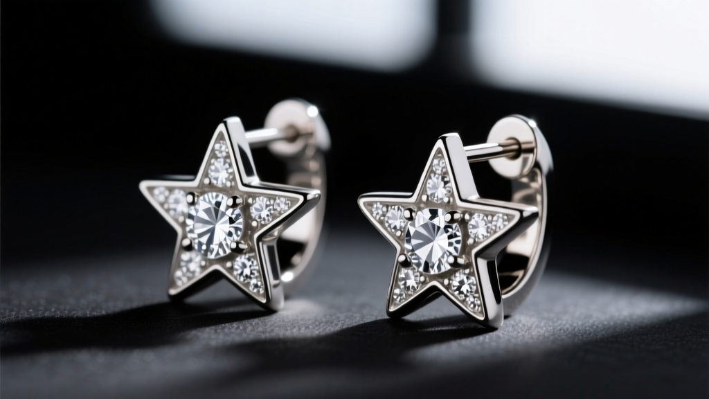 Macro shot of an 18-gauge titanium cartilage earring with stars and bezel-set white sapphires against a dark velvet backdrop