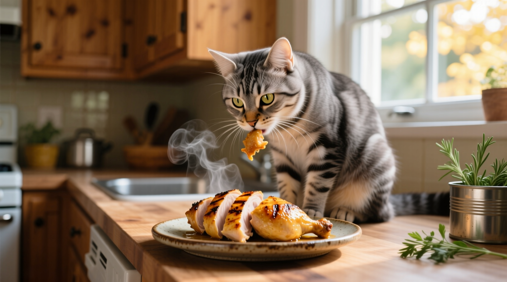 Cat eating small portion of cooked chicken