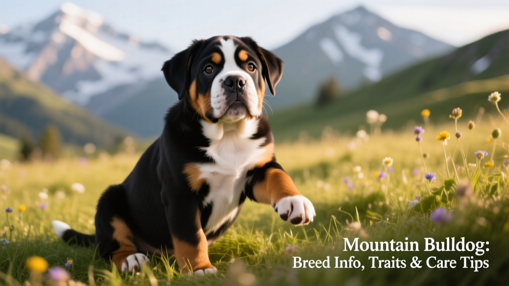 A friendly, medium-to-large Mountain Bulldog puppy sitting on grass, showing a mix of bulldog facial features and Bernese mountain dog markings