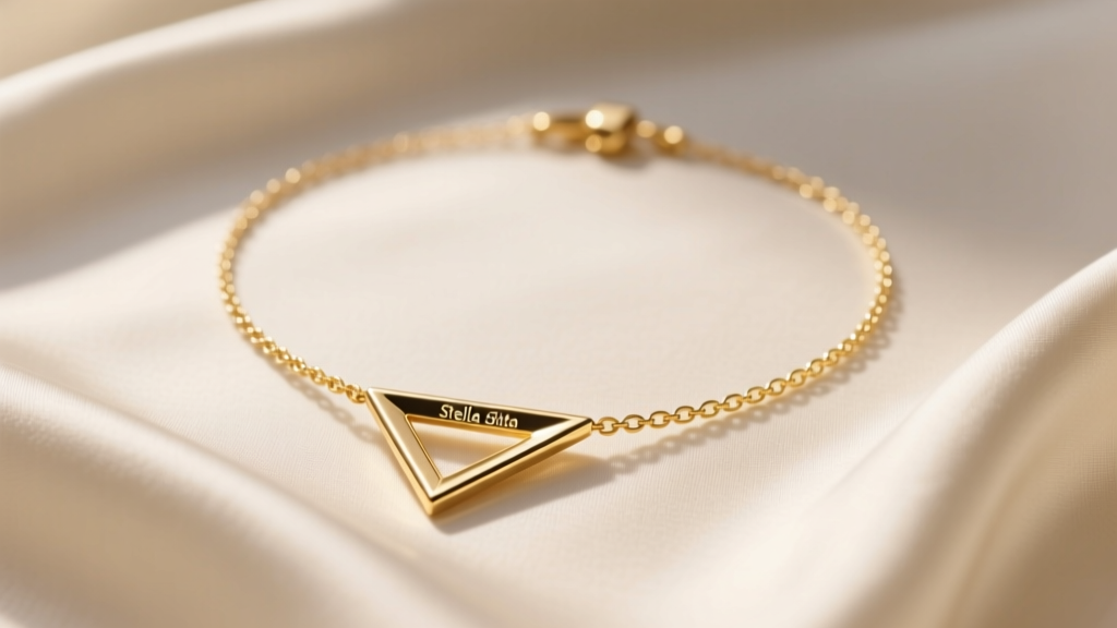 Gold Stella and Dot triangle lariat necklace on cream silk, showing the geometric slide and delicate chain in soft natural light.