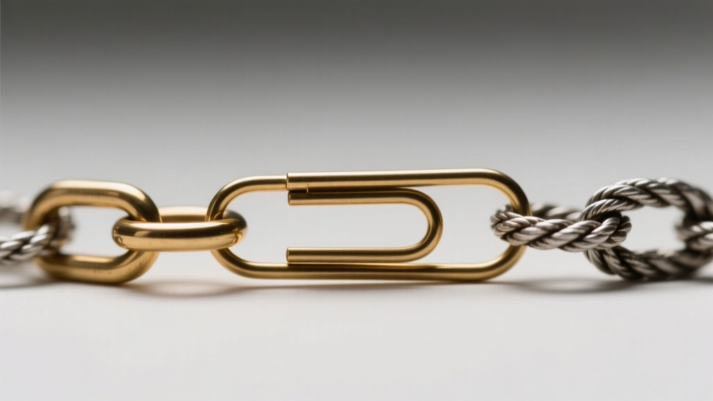 Macro shot of 2.5mm brass paperclip chain interlocking with oxidized silver rope chain, showing mixed metal boho textures