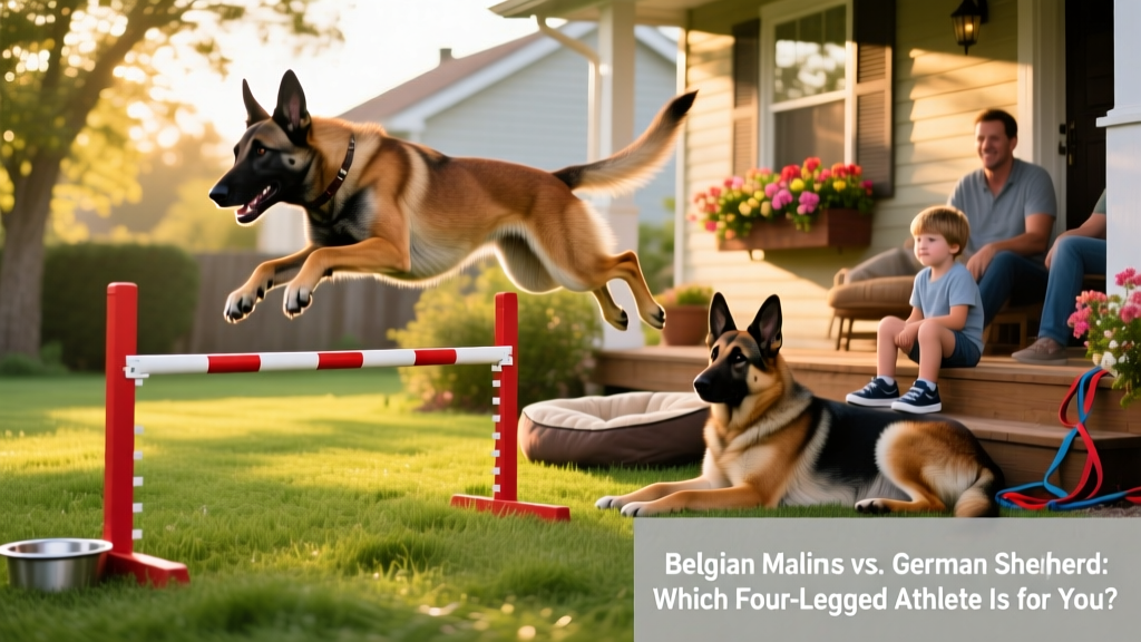 A Belgian Malinois and German Shepherd engaged in different activities—one mid-agility jump, the other calmly resting beside a family on a porch