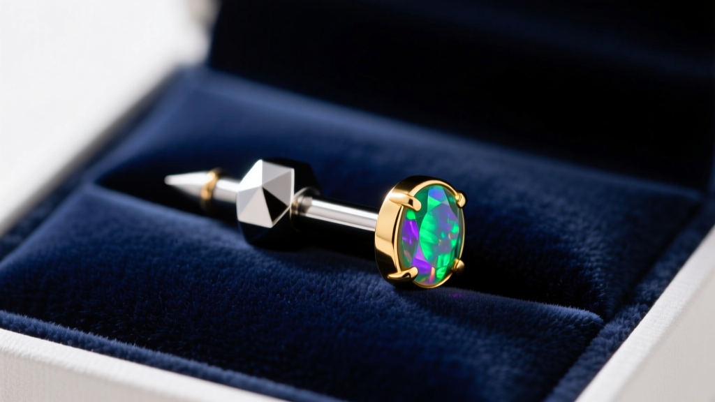 Close-up of a 16-gauge titanium threadless labret post and 14k gold opal end, laid on velvet for an elegant jewelry gift box.
