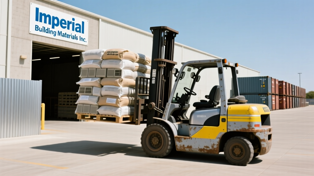 Forklift moving pallets of packaged stucco mix and concrete masonry units outside an Imperial Building Materials Inc distribution yard
