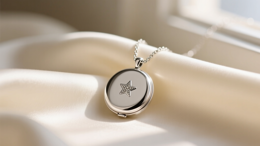 Delicate sterling silver girls locket necklace on cream silk with a tiny star engraving, illuminated by soft natural window light