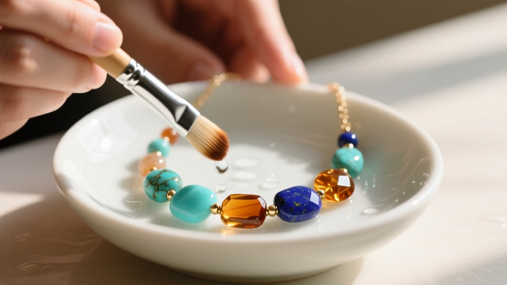 Hands using a soft brush and soapy water to clean a hard-stone multicolor necklace over a small white ceramic bowl.