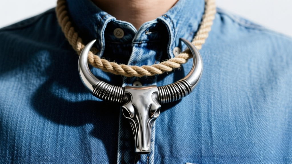 A heavy 925 sterling silver bull horn necklace with a oxidized finish, hanging from a thick rope chain over a denim shirt