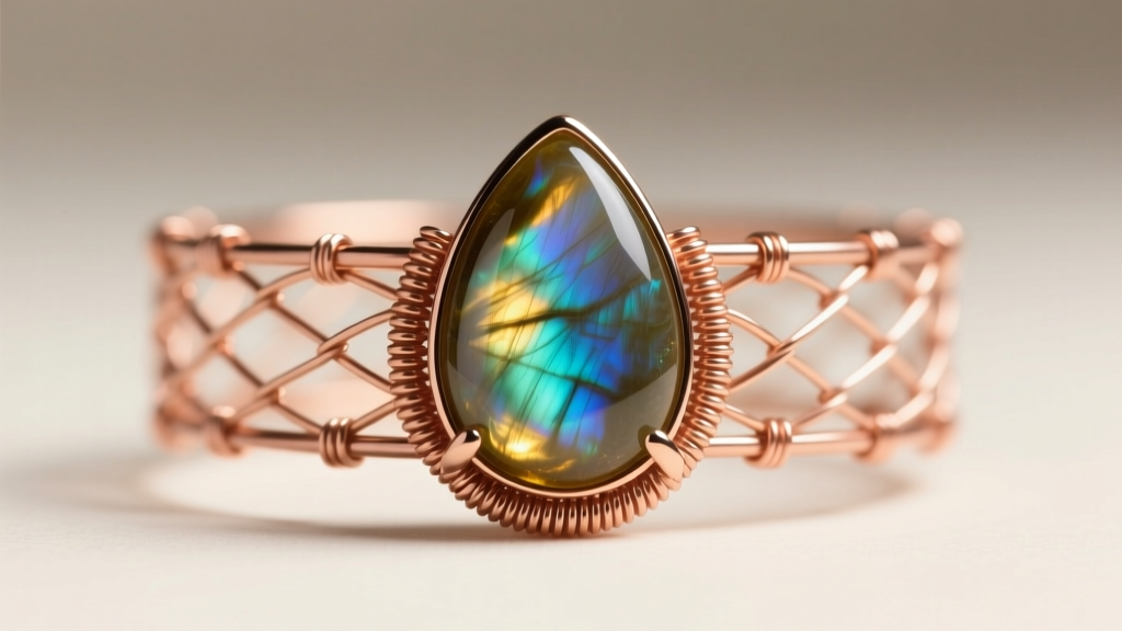 Partially woven 24-gauge copper wire cage securing a teardrop labradorite cabochon, highlighting a tension-free bezel technique