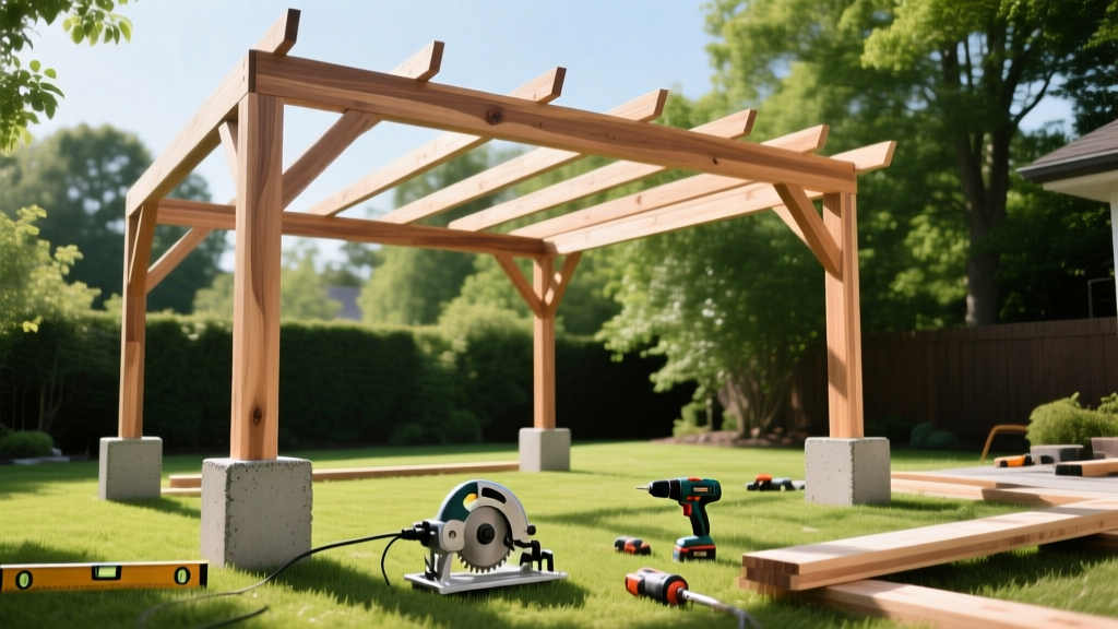 Cedar wood gazebo frame under construction in a lush backyard, with concrete pier footings visible and power tools scattered on the grass