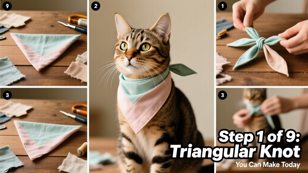 Step-by-step diagram showing how to fold and tie a triangular cotton bandana on a cat's neck