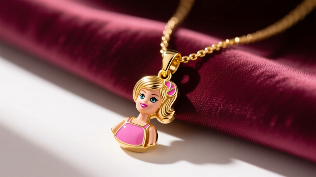 Close-up of a vintage 1980s gold-tone Barbie pendant necklace with pink cold enamel details resting on a silk fabric background.