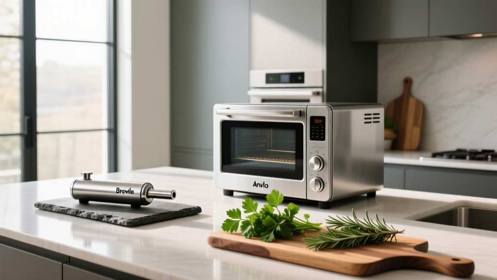 Modern kitchen island featuring a stainless steel Anova Precision Oven, a Breville smoking gun, and herbs on a walnut board.