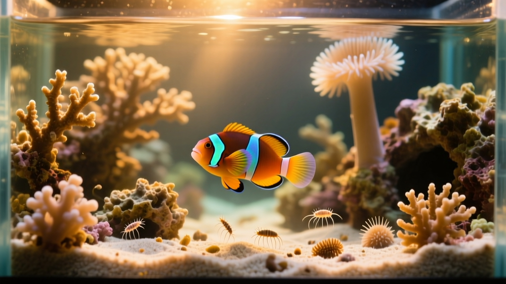 Aquascaped reef tank with abundant live rock, sandy substrate, and visible copepod activity