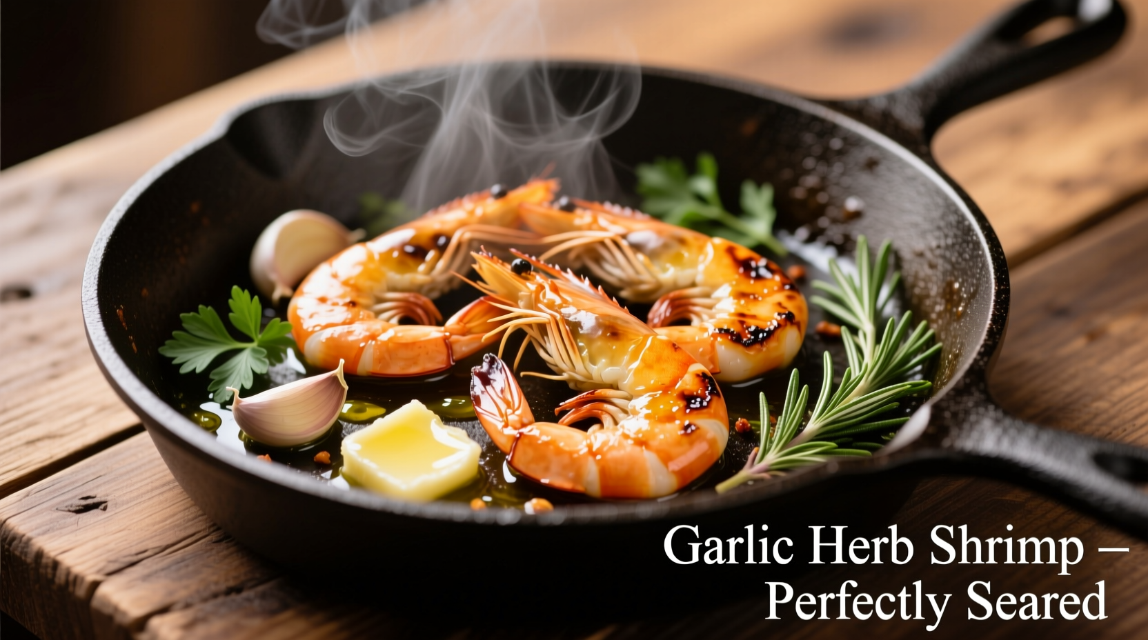 Perfectly cooked shrimp in skillet with garlic and herbs