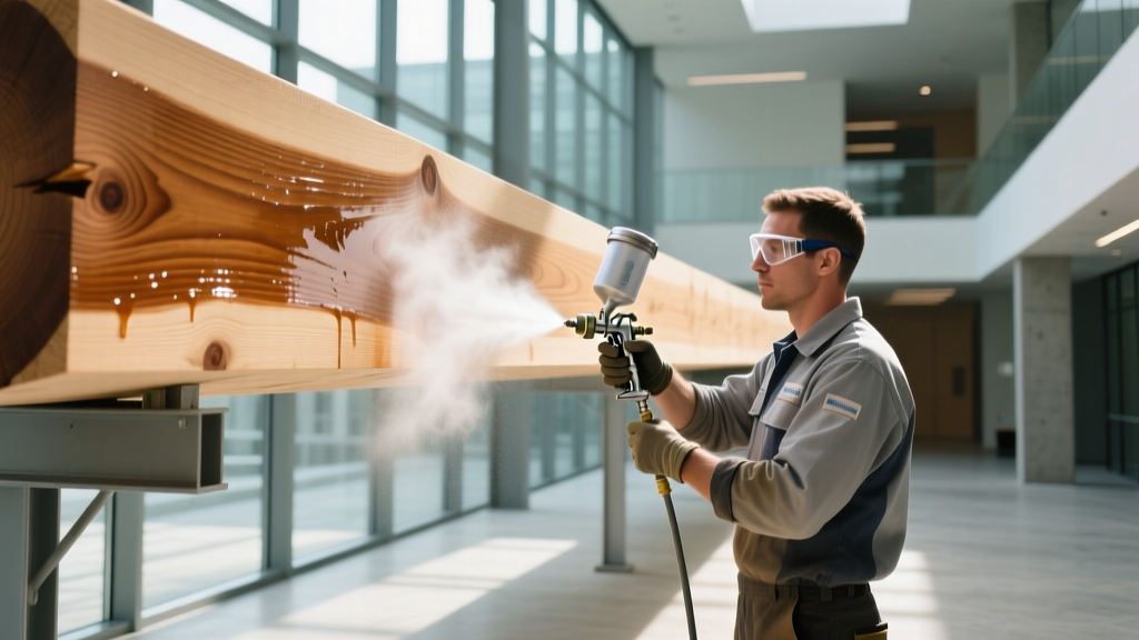 Worker spraying clear intumescent varnish onto a massive exposed glulam structural beam in a bright commercial atrium using an HVLP sprayer