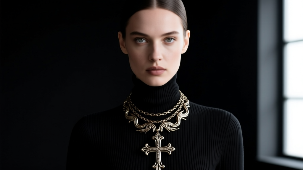 Editorial portrait of a model wearing a layered leviathan cross necklace over a black ribbed turtleneck in moody studio lighting