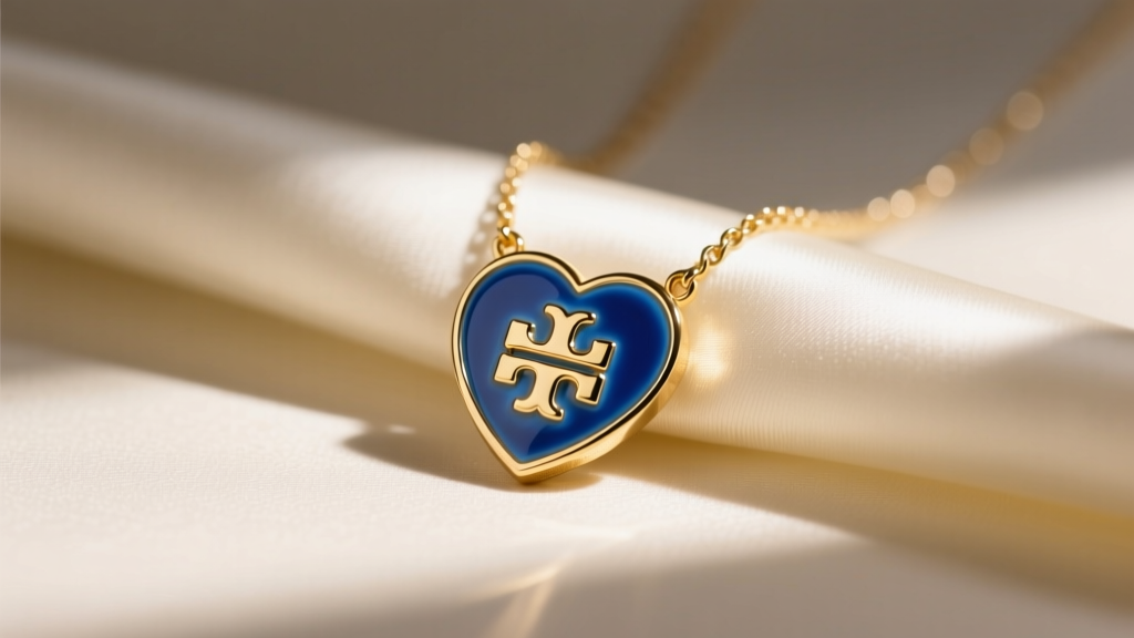 Gold-plated Tory Burch heart necklace resting on cream silk, soft morning light highlighting the glossy blue enamel center detail