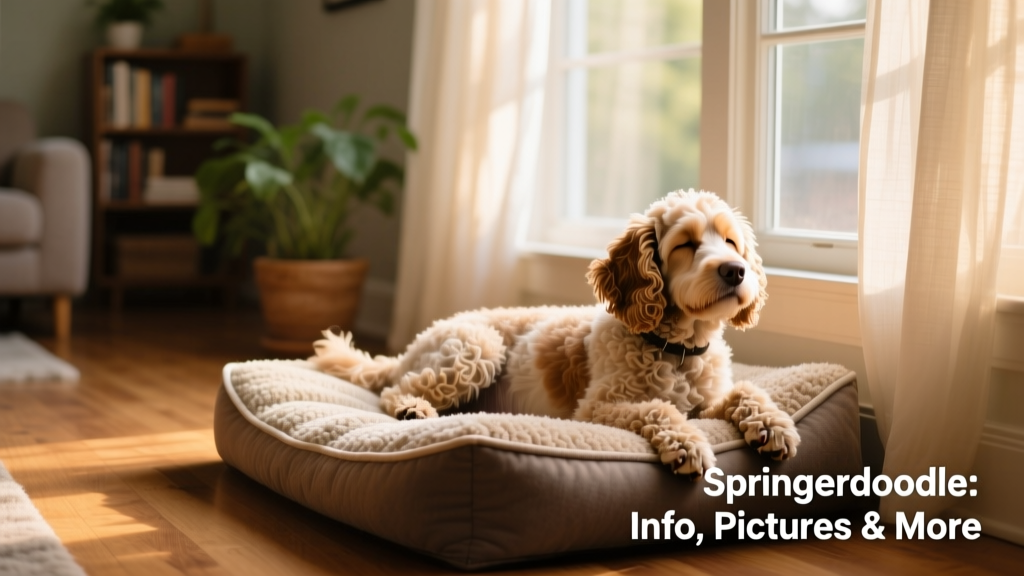 A relaxed Springerdoodle resting on a cozy dog bed beside a window with soft natural light