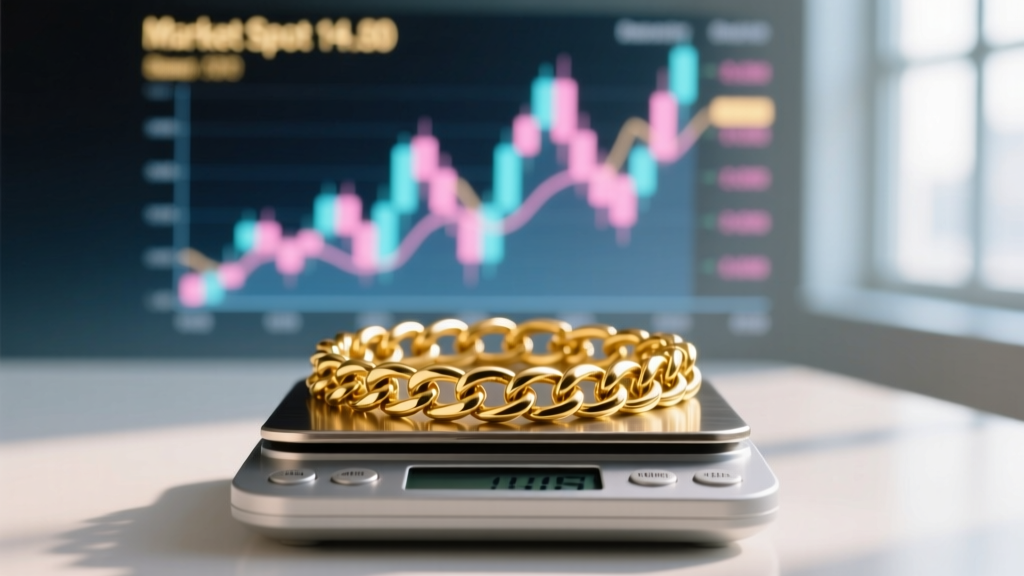 Digital scale weighing a thick 14k yellow gold Cuban link chain against a blurred, glowing market spot price chart background.