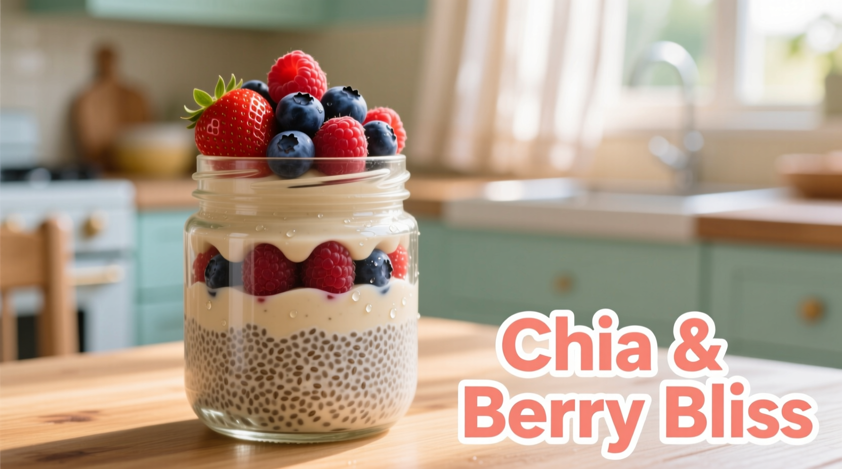 Chia seed pudding in glass jar with berries