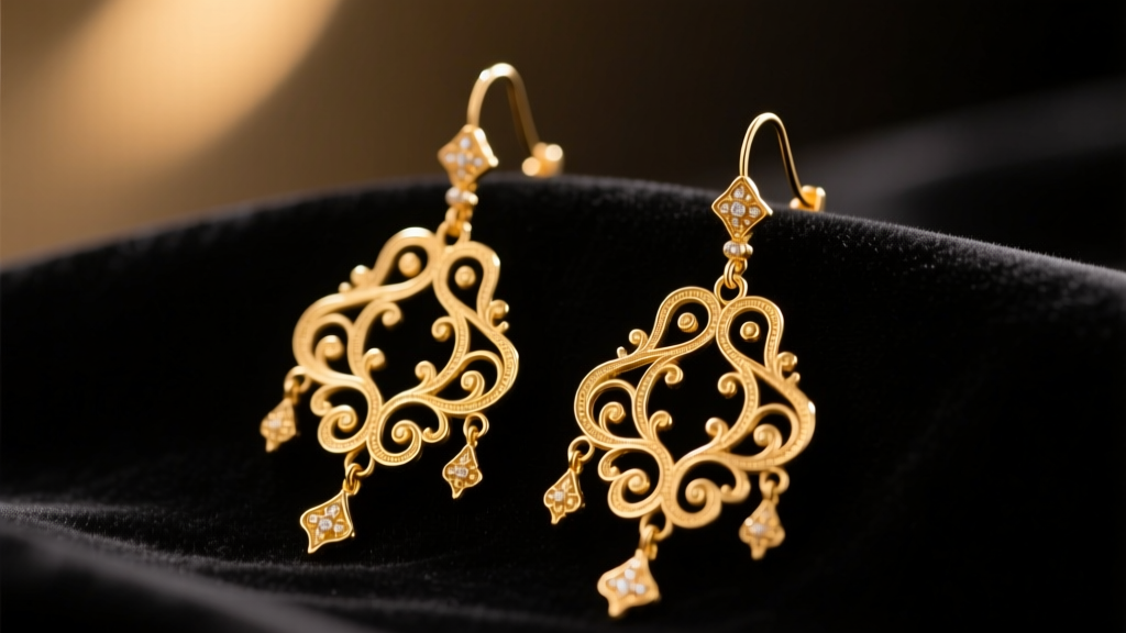 Close-up of ornate Victorian gold filigree dangle earrings on dark velvet, illuminated by soft, warm directional studio lighting.