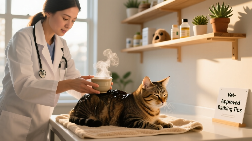 A veterinarian gently demonstrating how to wet a cat’s back using a cup of warm water—not a spray nozzle