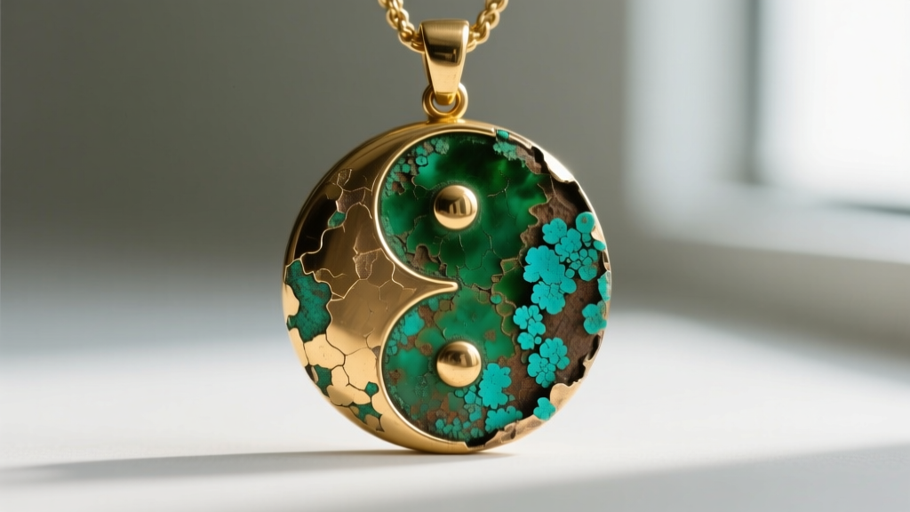 Macro photo of green galvanic corrosion on a mixed metal ying yang pendant where gold plating wore off to reveal the brass underneath.