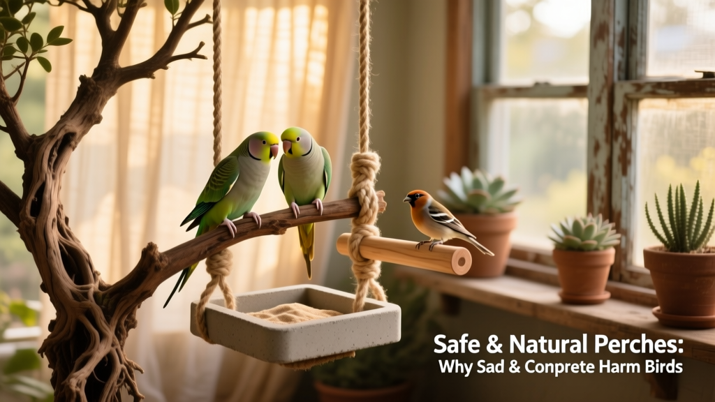 Assortment of safe, natural perches including manzanita wood, rope swing, and soft dowel