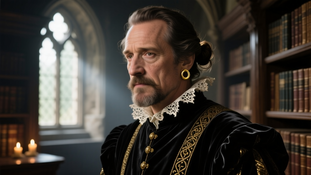 Detailed digital painting of an Elizabethan poet in a ruffled collar wearing a single 15mm solid gold hoop earring, moody lighting