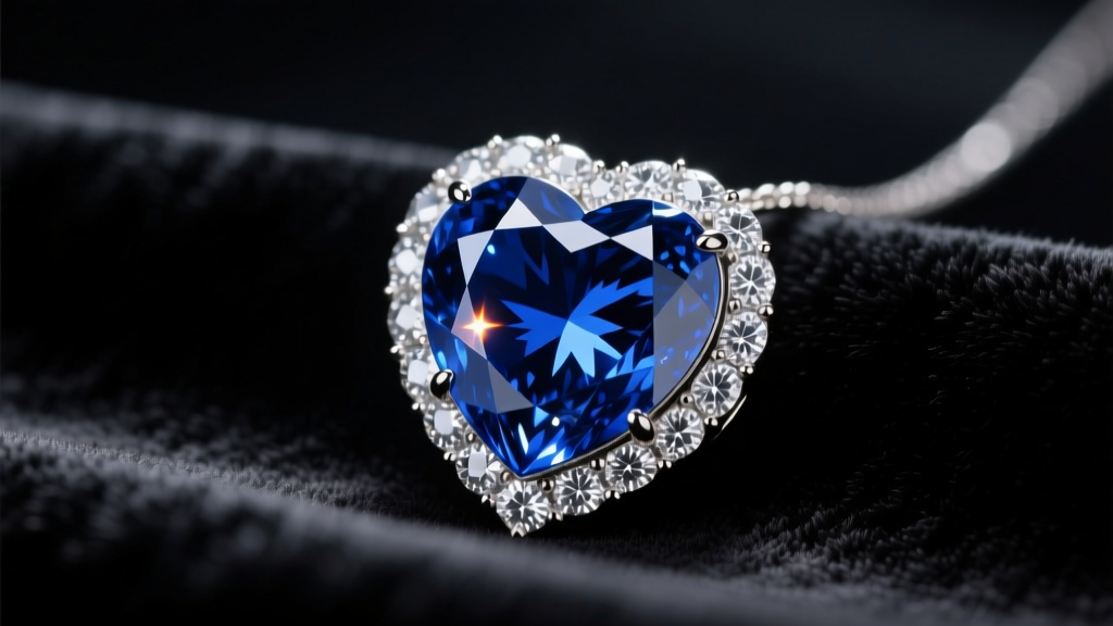 Cinematic close-up of a heart-shaped blue sapphire pendant surrounded by brilliant-cut diamonds resting on dark velvet fabric