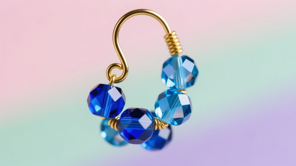 Macro shot of a 20-gauge gold French wire hook holding faceted Czech glass blue beads, with a softly blurred pastel background