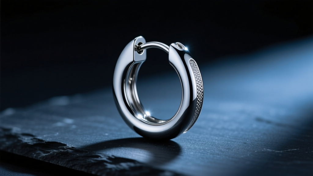 Close-up of polished niobium huggie hoop with a secure clicker hinge, resting on dark slate under dramatic moody studio lighting.