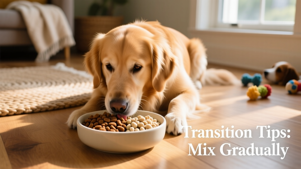 A calm, healthy dog eating from a clean bowl with two types of kibble mixed together