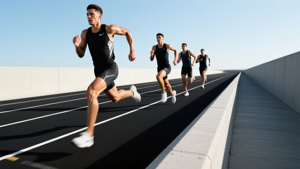 Athletic runners sprinting on a smooth black asphalt track bordered by fresh grey concrete curbs under bright, clear morning sunlight.