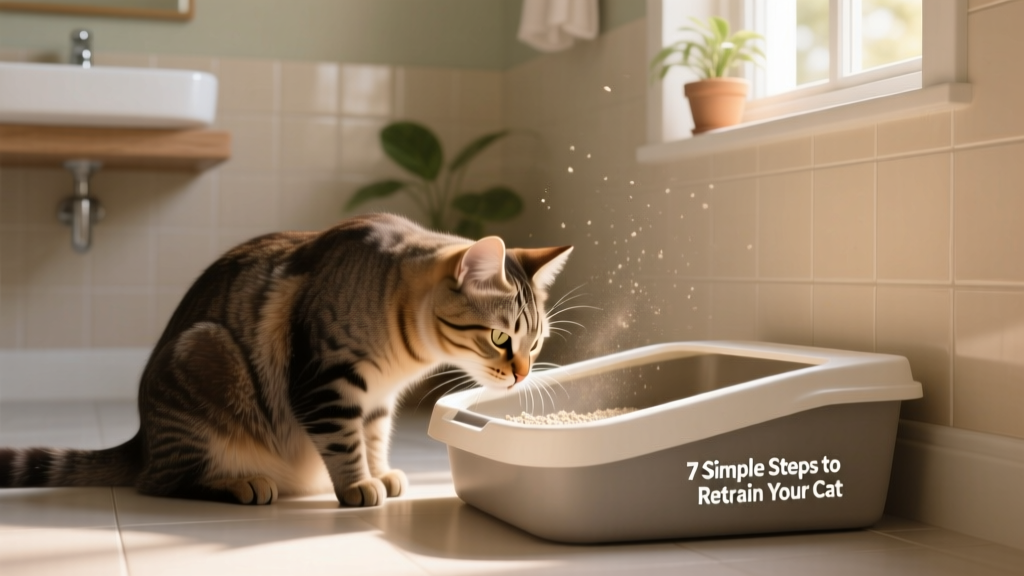 Close-up of a calm cat sniffing a clean, open litter box in a quiet bathroom corner