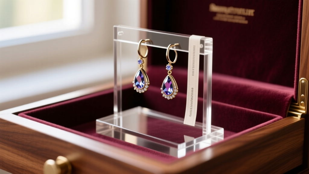 Drop earrings hanging on an acrylic organizer next to anti-tarnish strips inside a softly lit, velvet-lined wooden drawer.