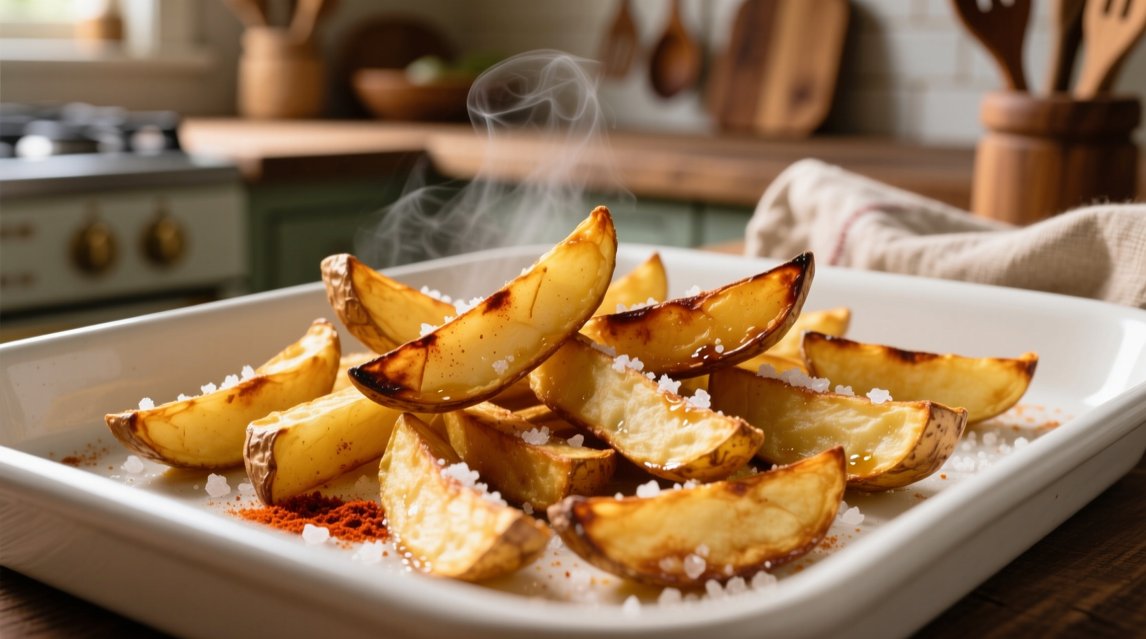 Golden brown potato wedge fries on baking sheet
