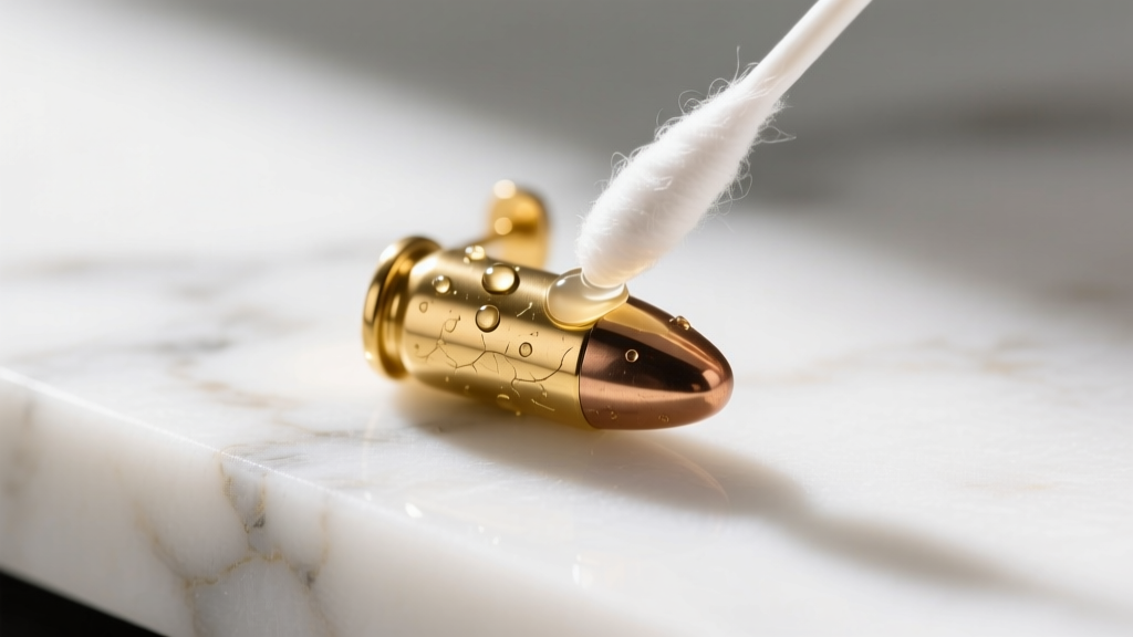 Cotton swab applying sterile saline to a textured gold bullet earring on a white marble counter under bright, natural daylight