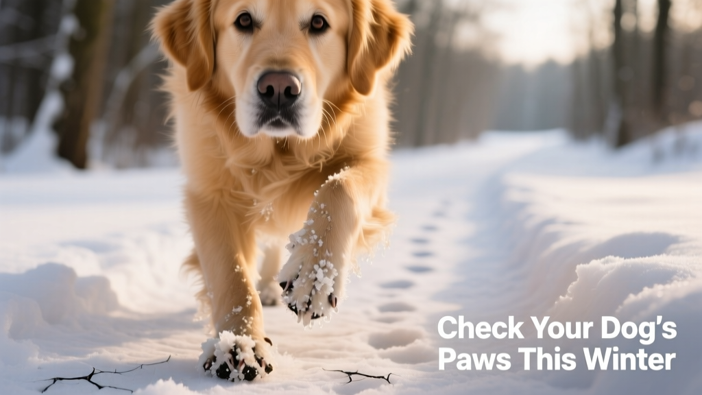 Snow and ice clumped between a dog's toes, illustrating why regular paw checks are needed in winter